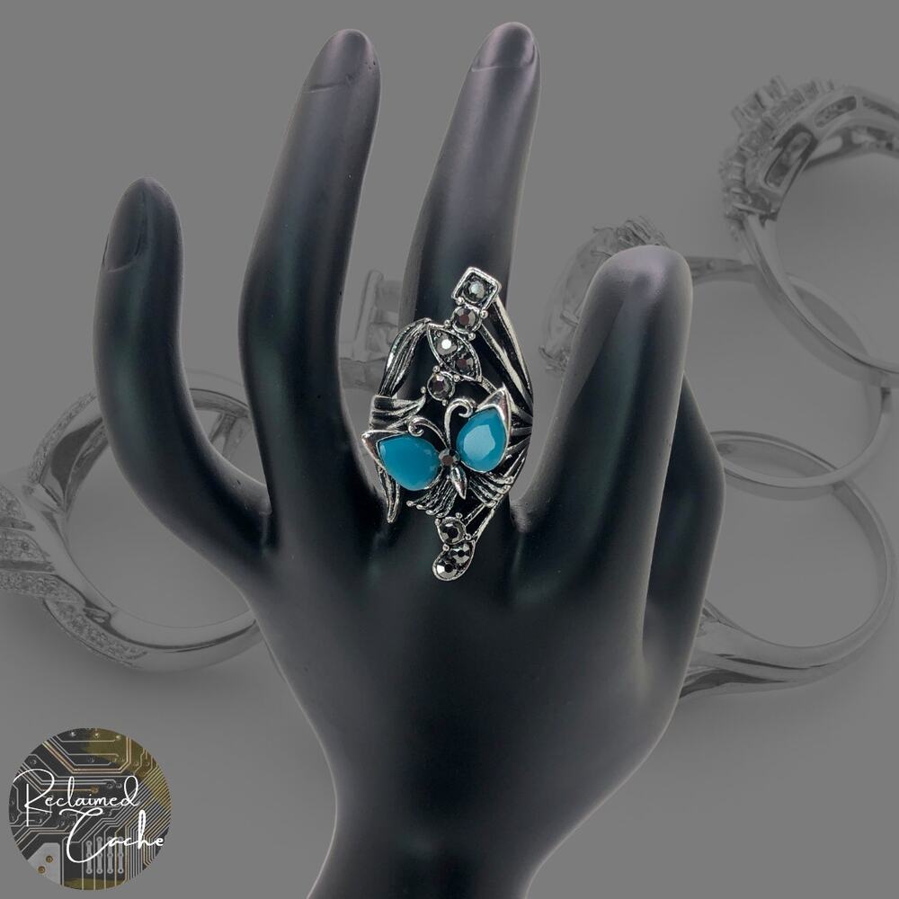 Silver Butterfly Rhinestone Statement Ring - Size 8